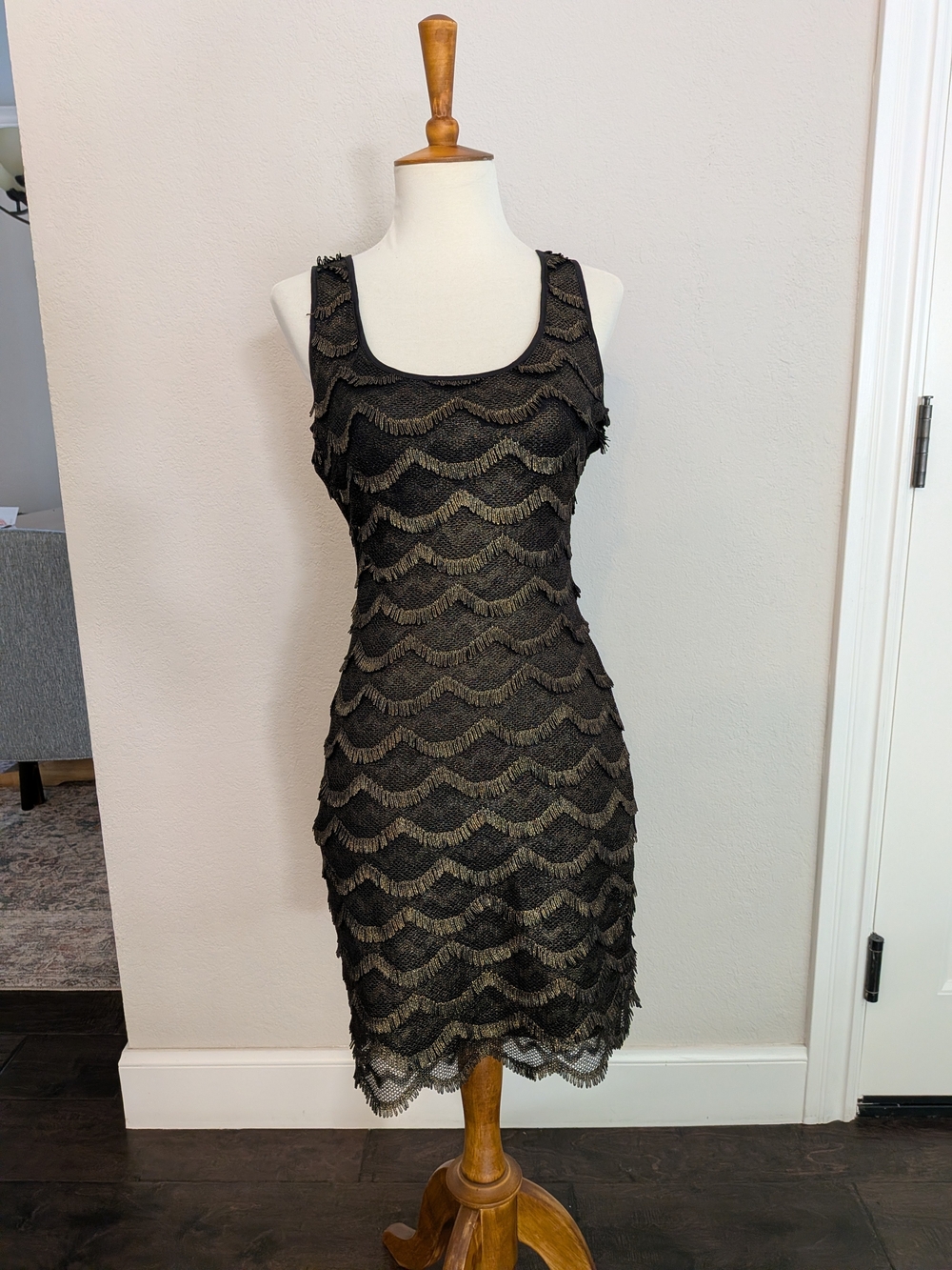 Guess Black and Gold Fringe-Accent Mini Dress - Picture 1 of 3